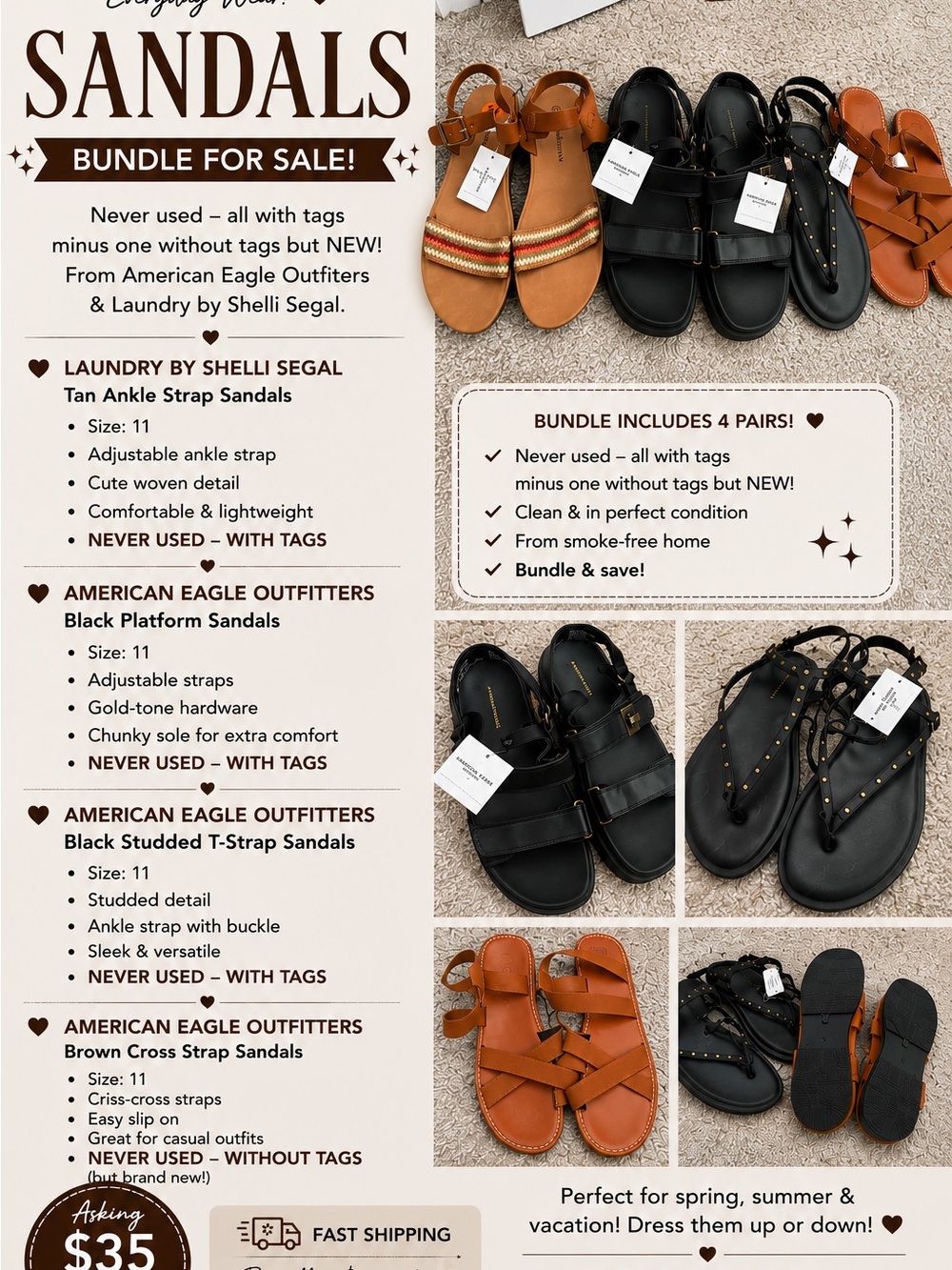 Sandal Bundle 4 Pairs three new with tags one new without tags three pairs AE
